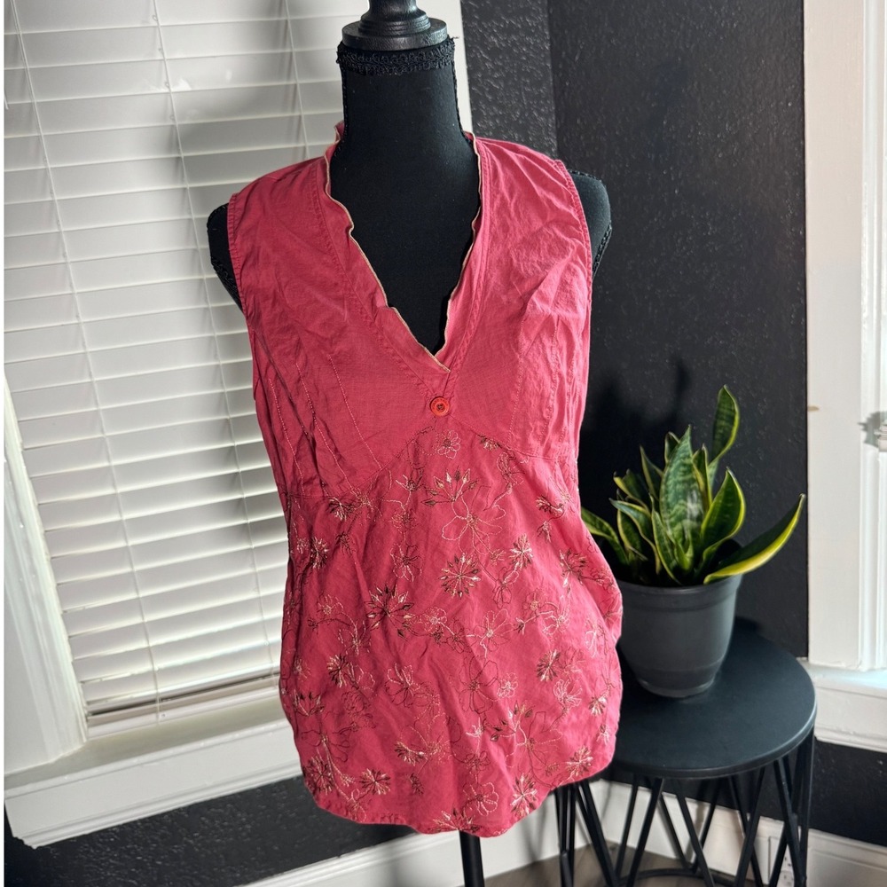 Horny Toad Womens Medium Pink Embroidered Cotton Sleeveless V-Neck Blouse Top